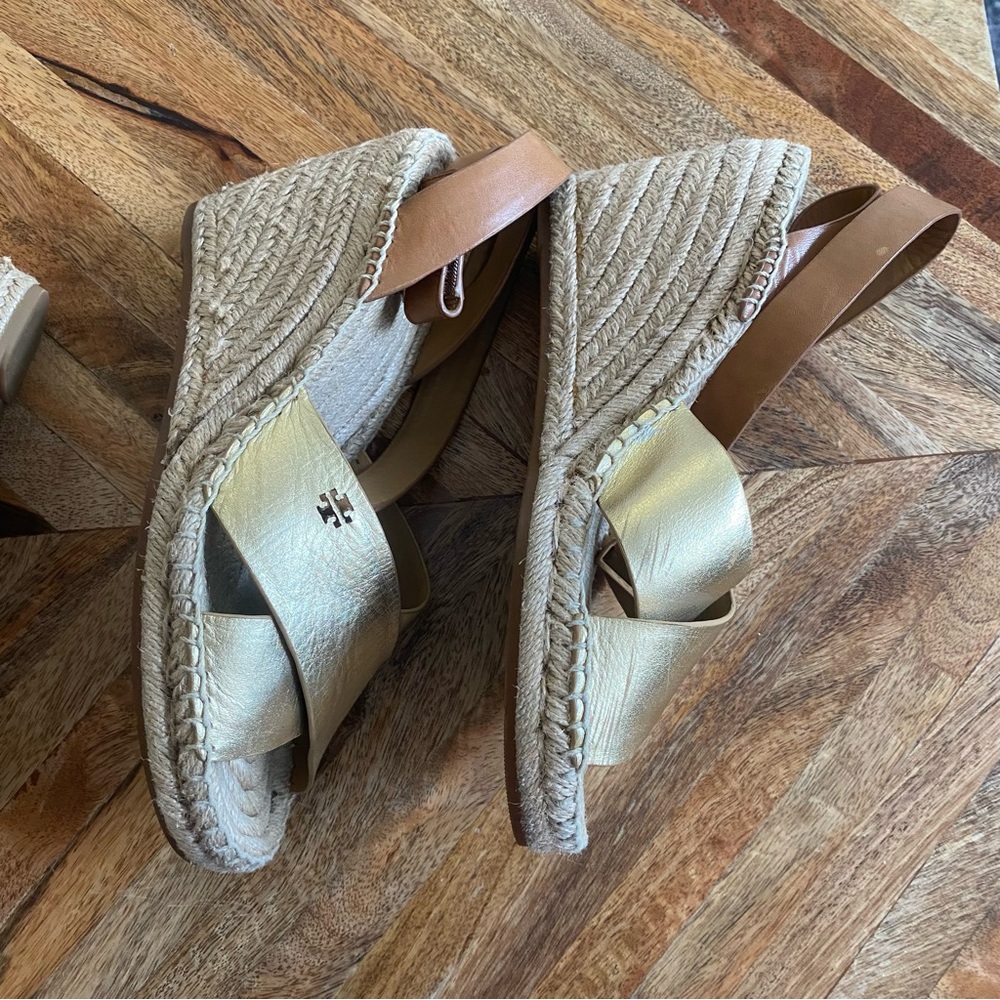 Tory Burch Black and Gold Espadrille Shoes with Cross-Strap Design - Picture 4 of 11